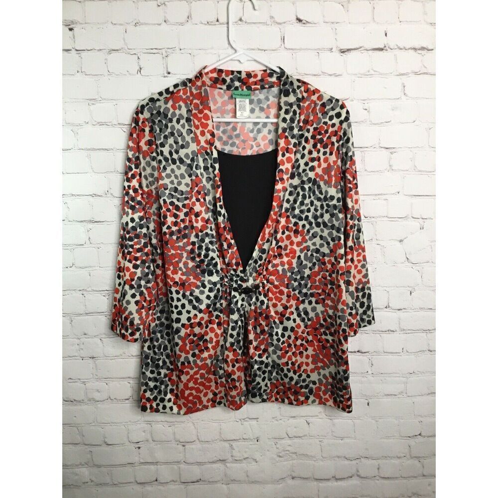 Sara Morgan women’s L Large Red Multi Color 3/4 Sleeve 2-Piece Look Blouse Top